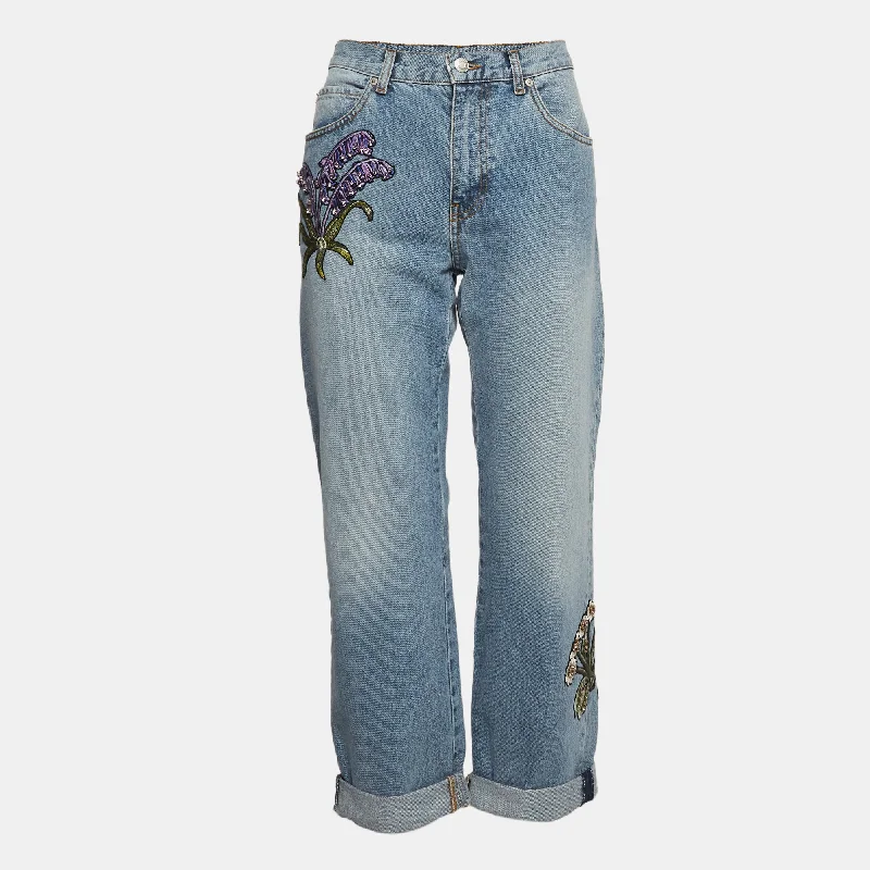 Feminine Charm Alexander Mcqueen Blue Embroidered Floral Denim Boyfriend Jean