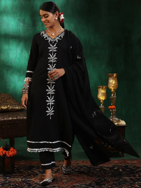 Must-have For Fashion Black Embroidered Cotton Straight Suit With Dupatta