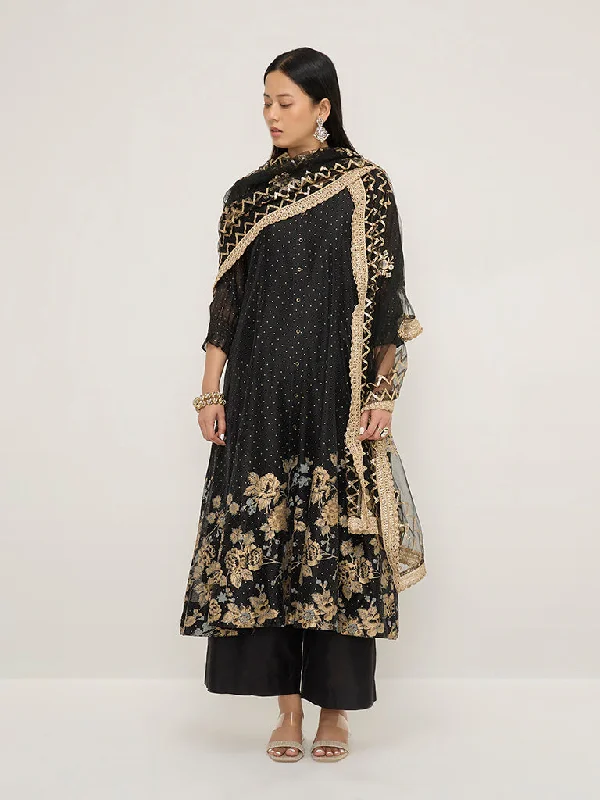 Exclusive Customization Vark Black Floral Printed A-Line Kurta, Inner, Ethnic Pants and Dupatta Set