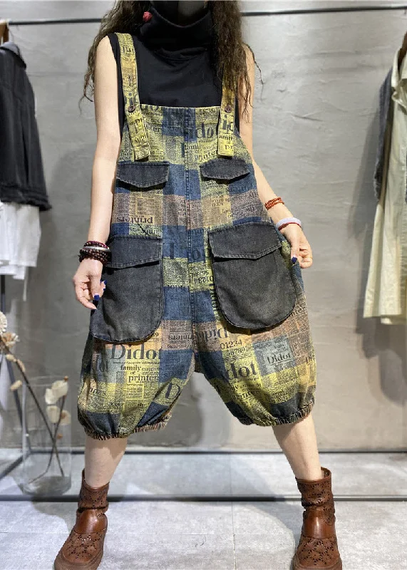 Elegant And Charming Modern Green Plaid Pockets Patchwork Cotton Denim Jumpsuit Summer