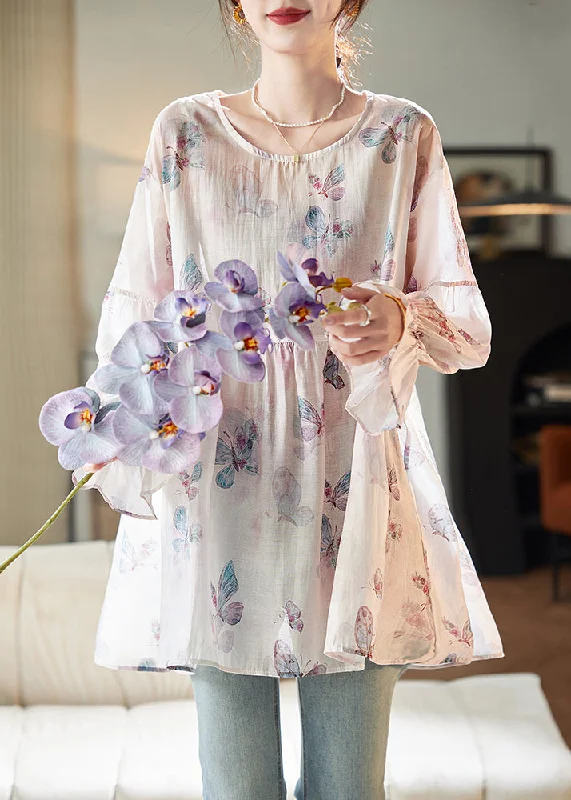 Elegant And Charming Loose Pink O Neck Print Shirt Long Sleeve