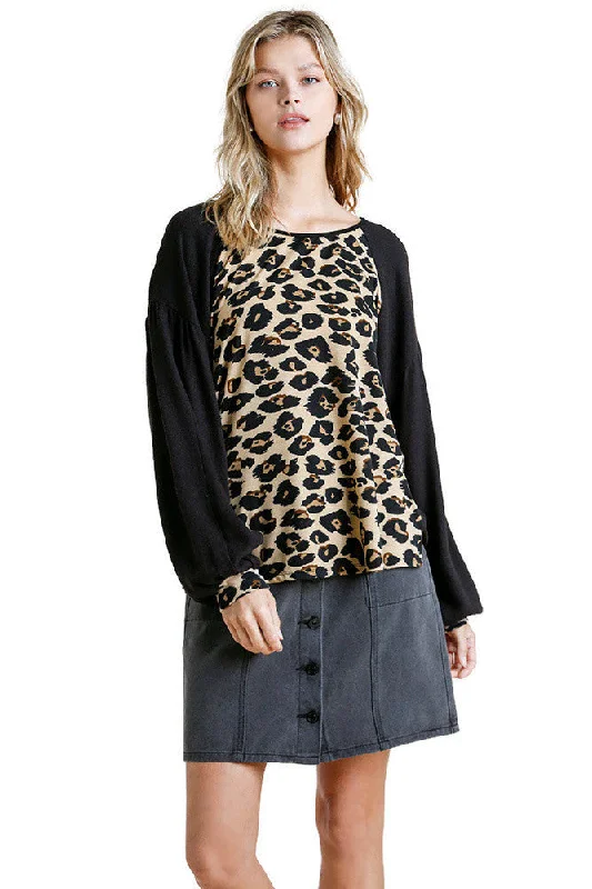 Lively And Youthful Black Leopard Print Long Sleeve Top