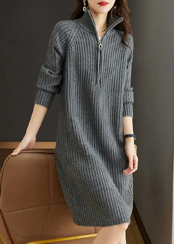 Warm Atmosphere Grey Patchwork Loose Woolen Knit Dresses Turtleneck Long Sleeve