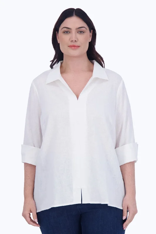 Eye-catching Personality Agnes Plus Easy Care Solid Linen Popover Shirt, White