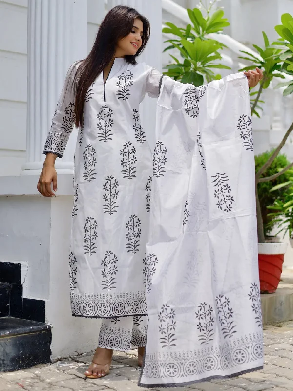 French Style White Printed Chanderi Silk Straight Suit With Dupatta