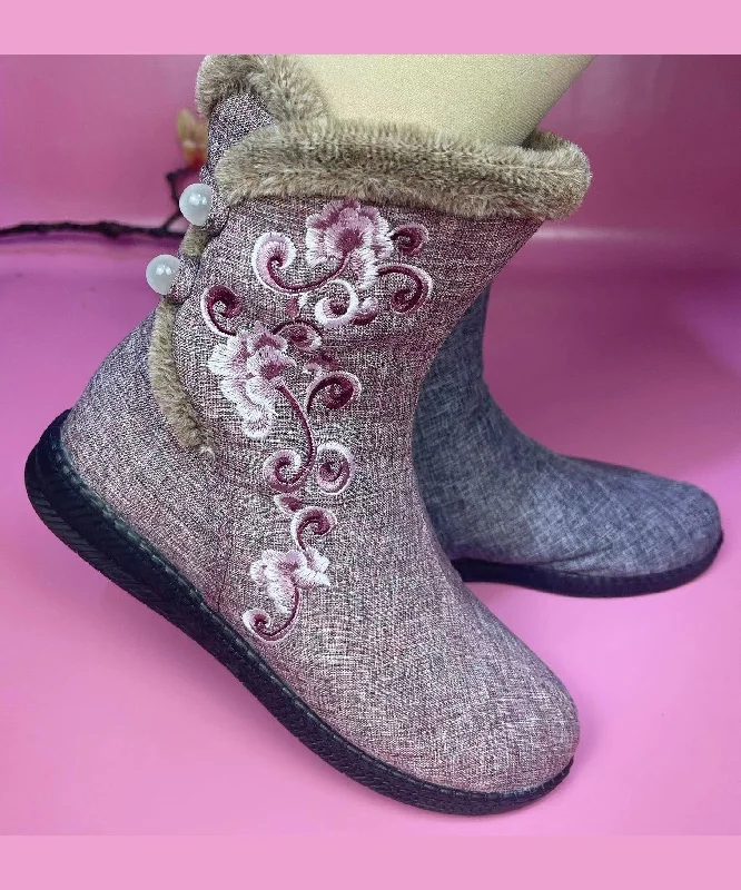 Girl Style Pink Cotton Fabric Embroidery Splicing Fuzzy Wool Lined Boots