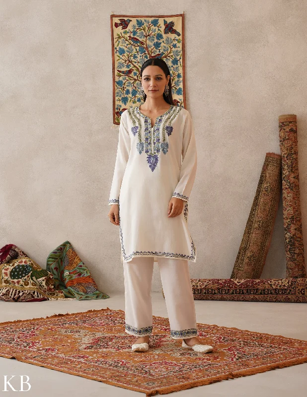 European And American Style meHER Cream Off-White Kashmiri Aari Woollen Co-ord Set