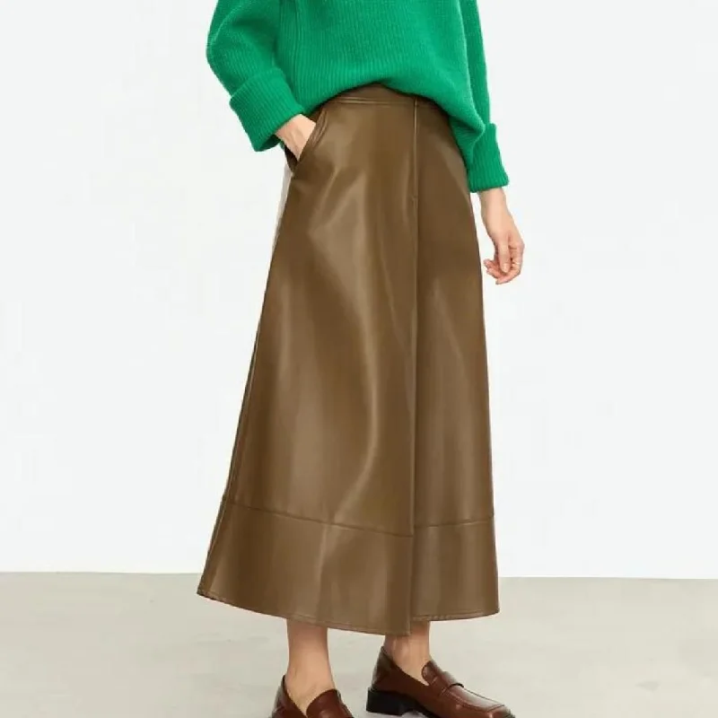 Dessert Matching Elegant Autumn Ankle-Length A-Line Leather Midi Skirt for Women