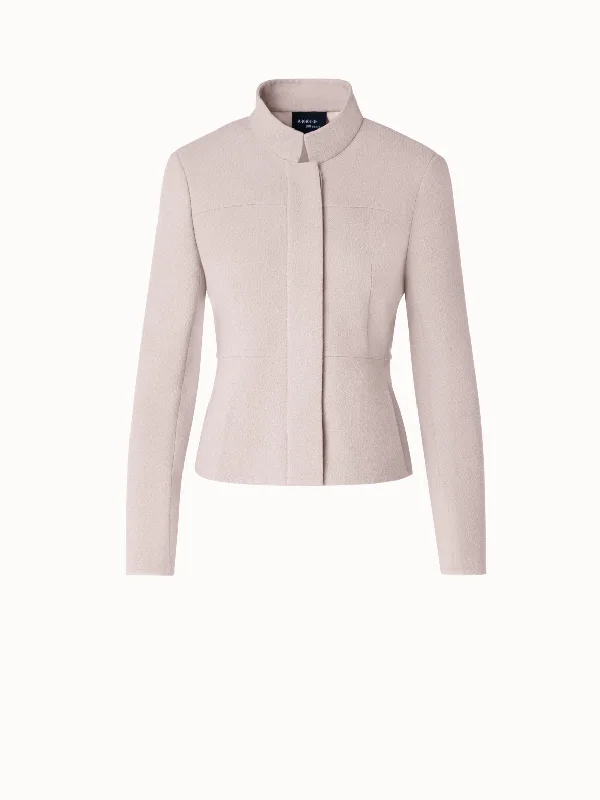 Practical Style Short Jacket with Mock Neck in Wool Crêpe Double-Face