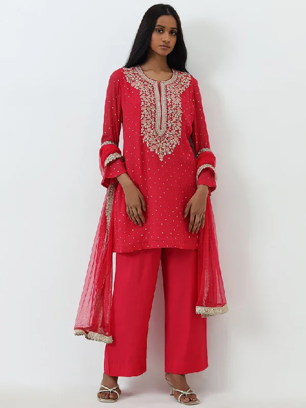 Spiritual Vitality Vark Pink Embroidered A-Line Kurti, Pants and Dupatta Set