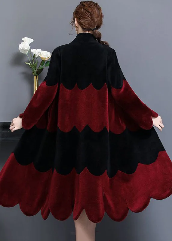 Modern City Boho Black Red Stand Collar Patchwork Wool Coat Winter