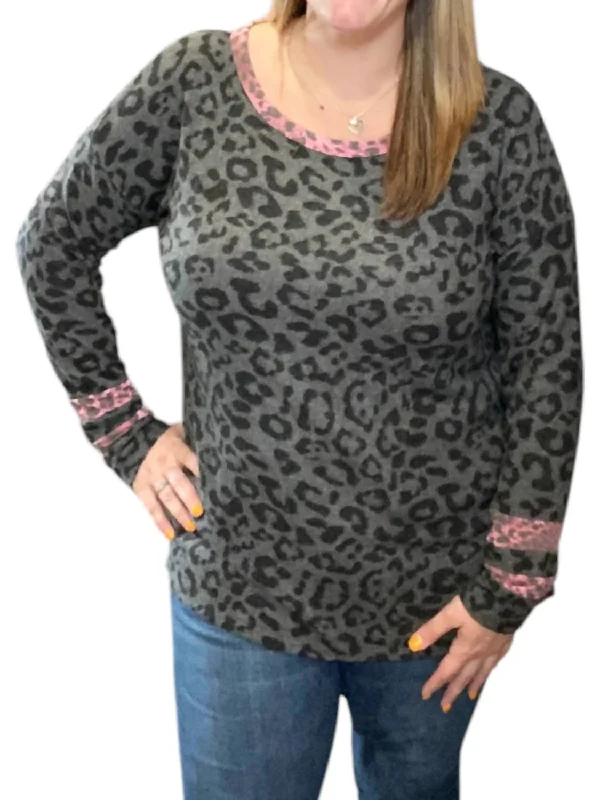 Elegant And Casual Leopard With Wine Accent Sweater In Gray