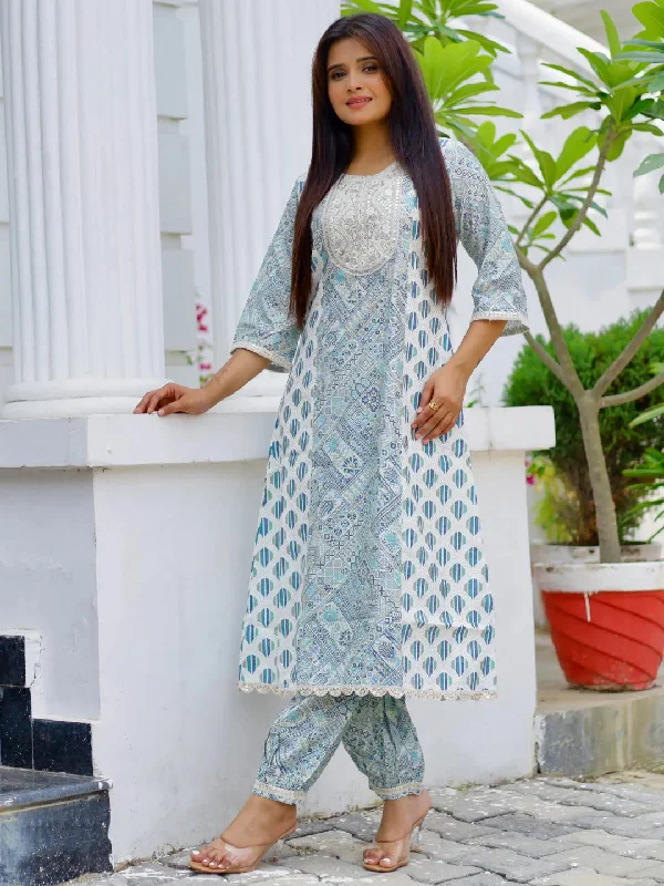 Eye-catching Personality Blue Printed Silk Blend A-Line Kurta With Salwar