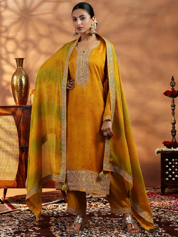 Fashionable Inner Wear Mustard Embroidered Silk Blend Straight Suit With Dupatta