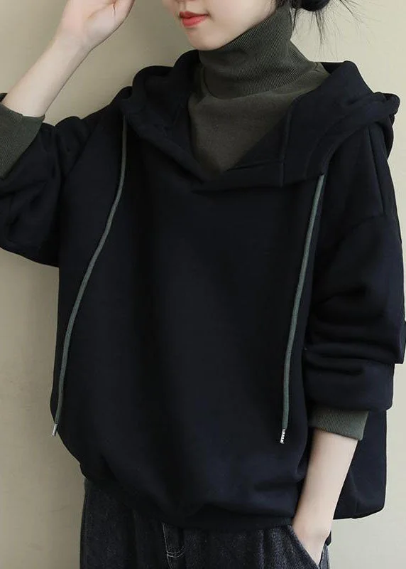 Classic Unique Black Turtle Neck drawstring Warm Fleece Loose Sweatshirt Winter