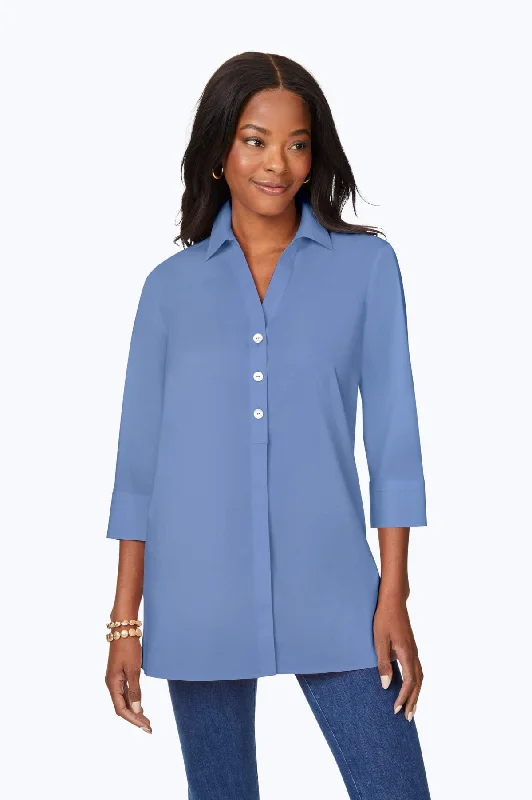 Exquisite Embroidery Pamela Stretch No Iron 3/4 Sleeve Tunic, Blue Denim