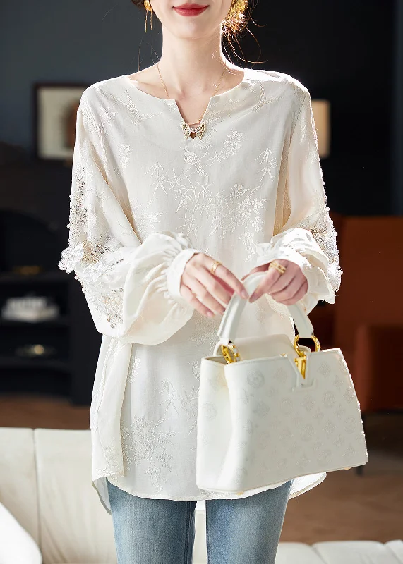 Elegant Temperament Jacquard White Sequins Nail bead Chiffon Tops Long Sleeve