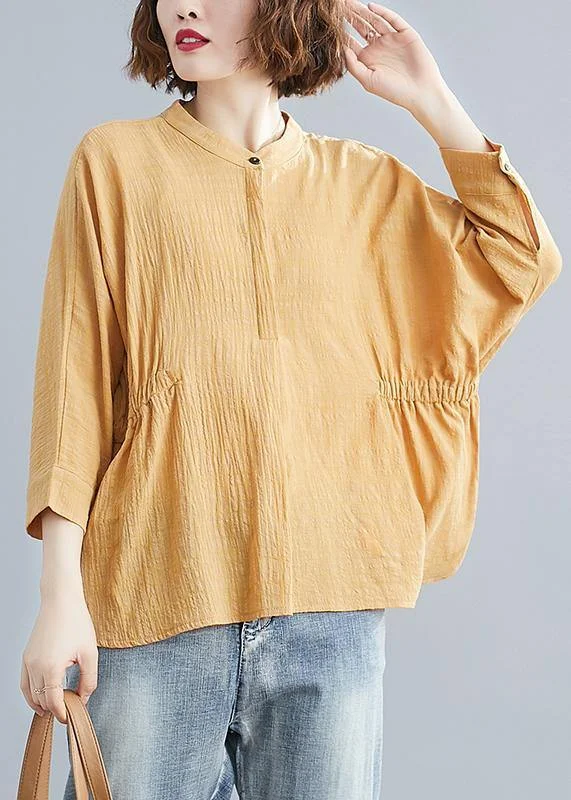 Fashion Must-have Unique stand collar Batwing Sleeve cotton tunics for women Shirts yellow blouse