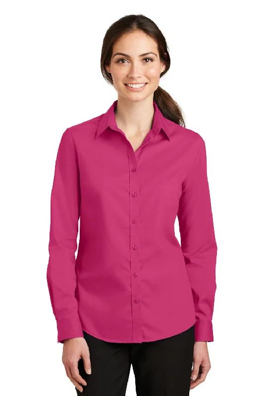 Comfortable And Casual Port Authority Womens SuperPro Wrinkle Resistant Long Sleeve Button Down Shirt - Azalea Pink - Closeout