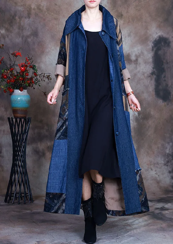 Elegant Wear Fashion Blue tie waist Peter Pan Collar Patchwork Cotton denim Trench Spring