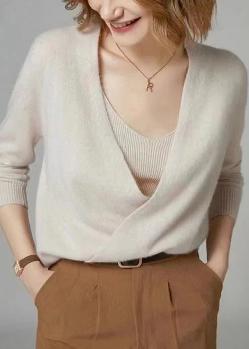 Sports And Leisure Women Beige V Neck Button Patchwork Woolen Knit Cardigan Fall