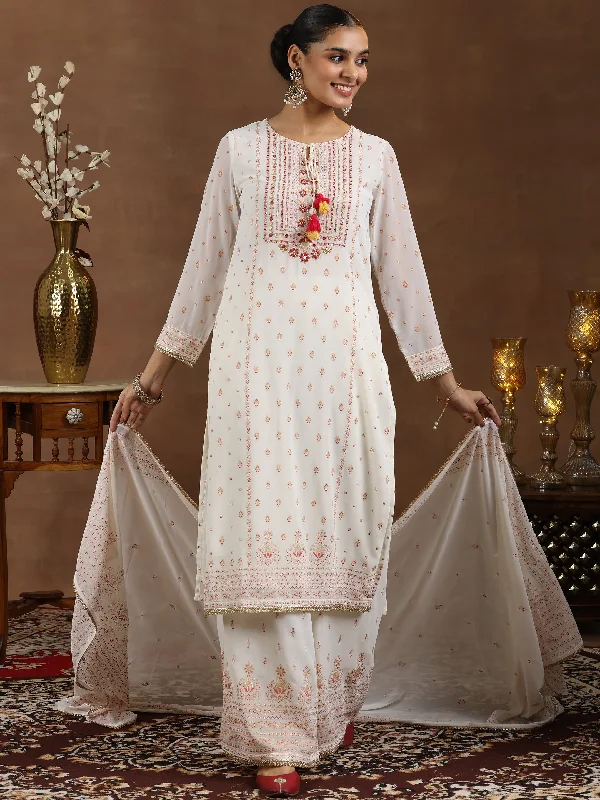 Elegant Design Off White Printed Georgette Straight Suit With Dupatta