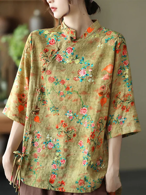 Girl Style Plus size - Cotton Linen Floral Irregular Vintage Shirt