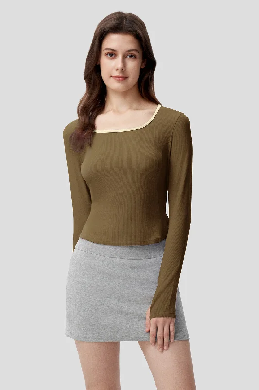 Classic And Versatile Women's Short U-Neck Skin-Fit Long Sleeve Shirt