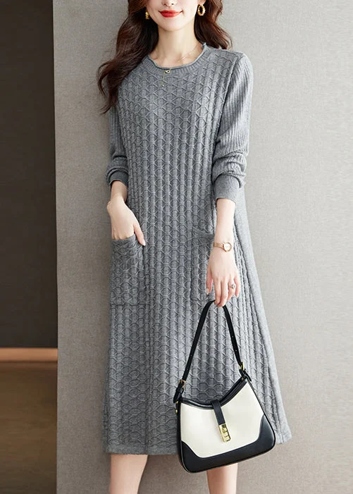 Classic And Versatile Loose Grey O Neck Pockets Patchwork Woolen Dress Fall