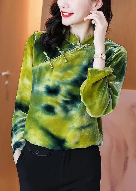 Sports Design Vintage Green Button Mandarin Collar Velour Top Long sleeve