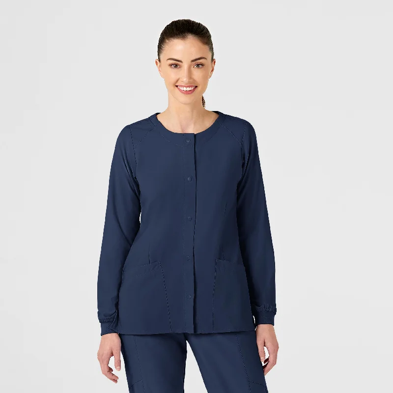 Double-sided Wear W123 Women's Crew Neck Warm Up Scrub Jacket - Navy