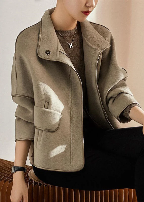 Multifunctional Style Casual Grey Stand Collar Zippered Patchwork Woolen Coats Fall