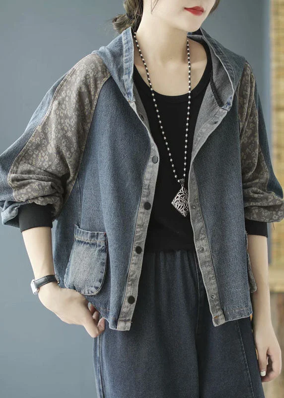 Classic Fitted Blue Hooded Patchwork denim Coat