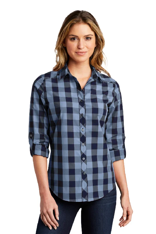 Floral Prints Port Authority Womens Everyday Plaid Long Sleeve Button Down Shirt - True Navy Blue