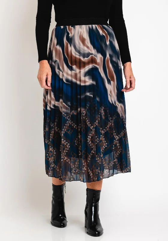 Fashion Design Serafina Collection One Size Dual Print Pleated Midi Skirt, Navy