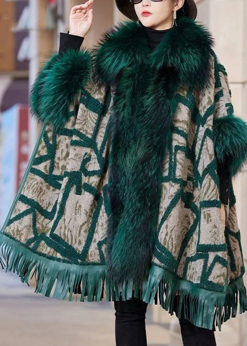 Fashionable Prints Plus Size Green Fox Collar Pockets Leather And Fur Coat Long Sleeve