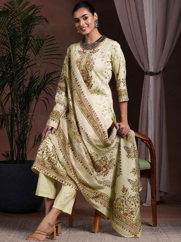 Luxury Temperament Beige Printed Poly Crepe Straight Suit With Dupatta