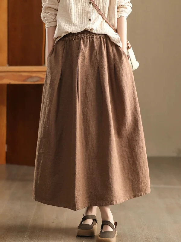 Ethnic Style Women Spring Artsy Pure Color Ramie Skirt