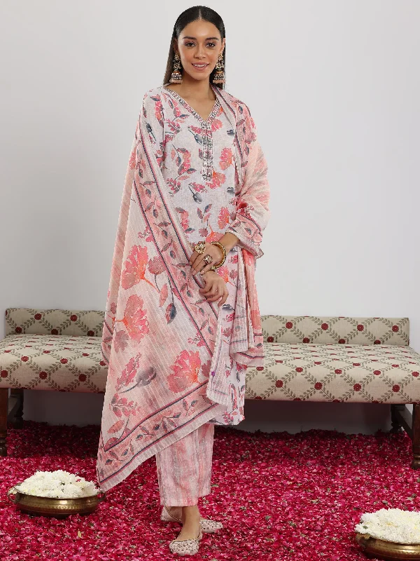 Eye-catching Personality Off White Printed Linen Straight Suit With Dupatta