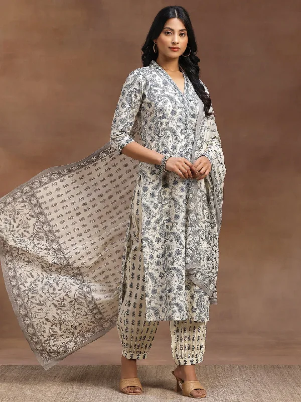 Urban Sense Grey Printed Cotton Straight Suit With Dupatta