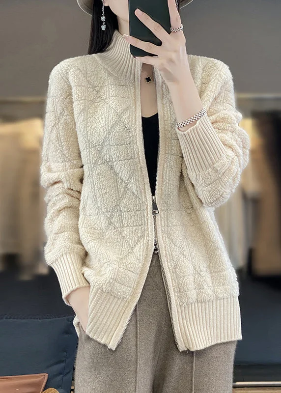 Fashion Style Beige Cozy Patchwork Wool Coats Stand Collar Long Sleeve