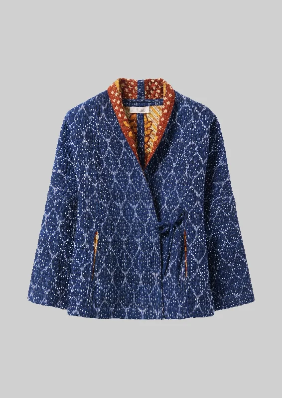 European And American Style Repurposed Ikat Kantha Jacket | Blues