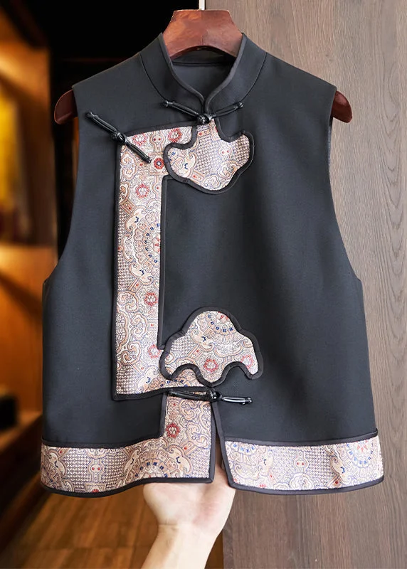 Street Charm Jacquard Black Stand Collar Button Patchwork Woolen Waistcoat Fall