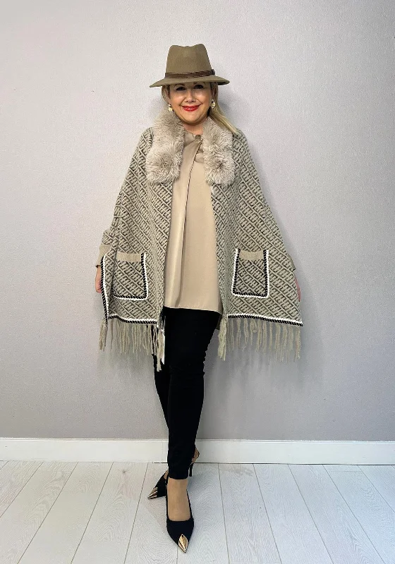 Spring Fashion Serafina Collection One Size Faux Fur Collar Print Poncho, Beige