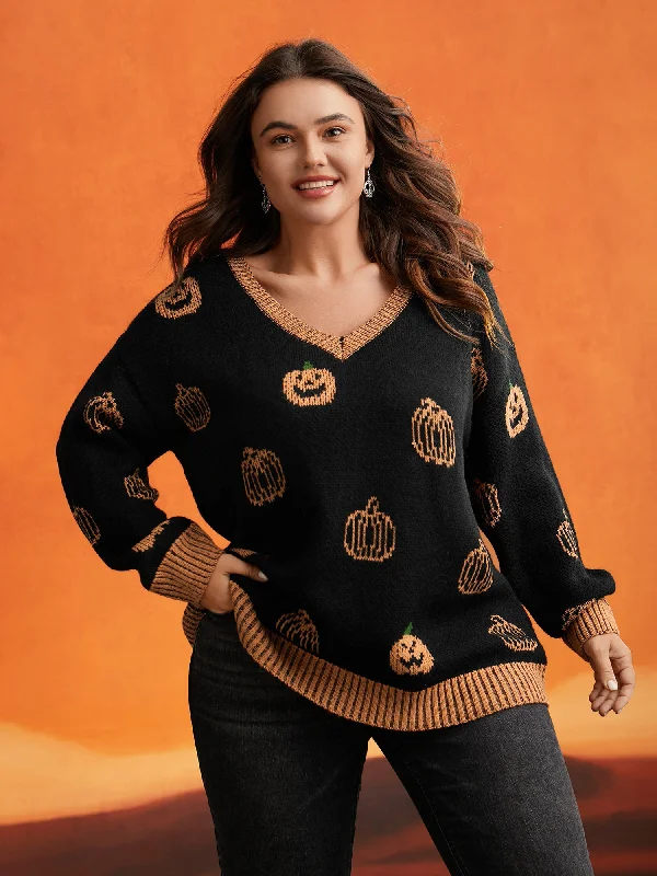 French Style Pumpkin Patch Contrasting Color Hemline Pullover