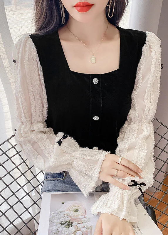 Practical Style Vintage Black White Square Collar Bow lace Patchwork tops Spring