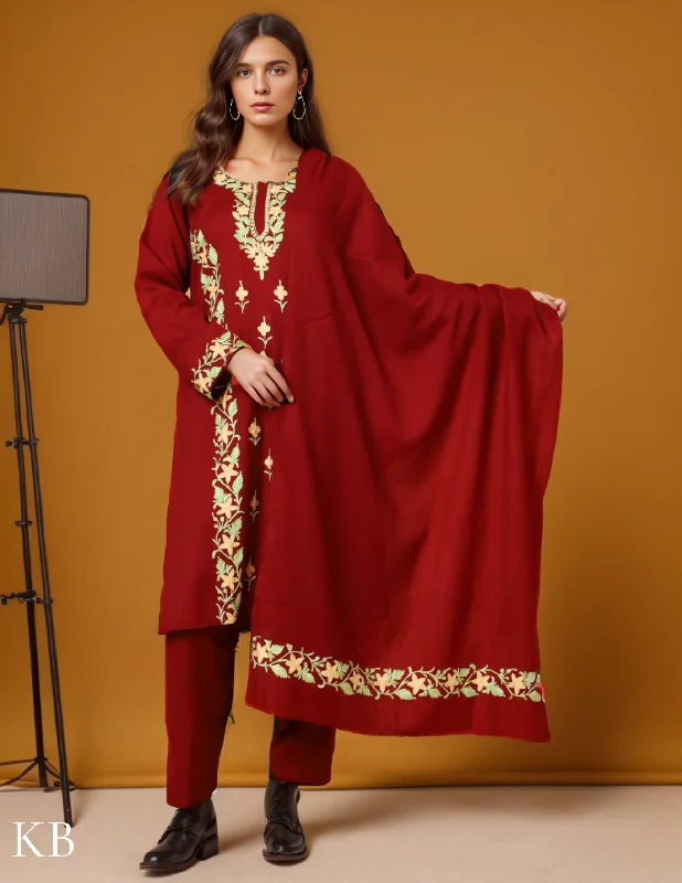 Celebrity Must-have Deep Maroon Aari Embroidered Woolen Suit