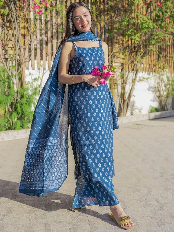 Elegant And Charming Blue Printed Silk Blend Straight Kurta With Palazzos & Dupatta