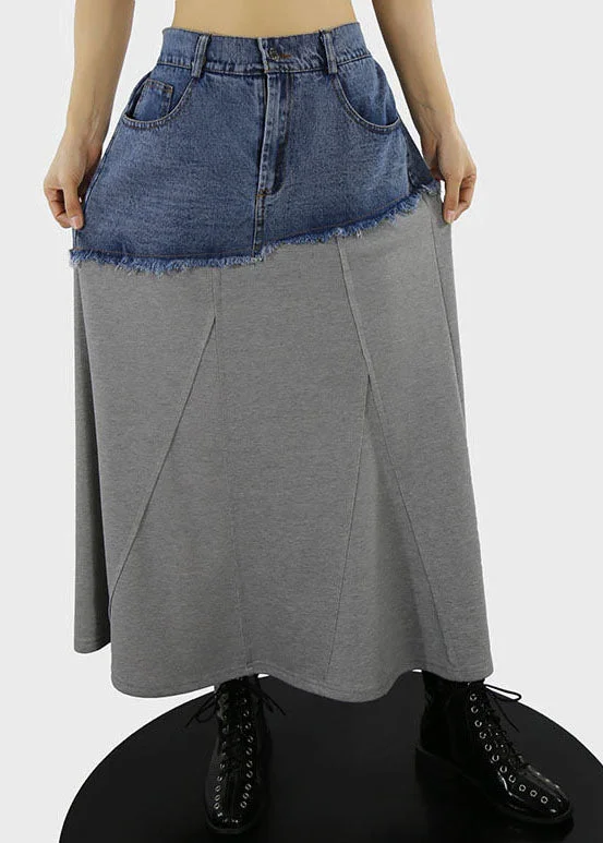 Retro Fashion Grey A Line Skirts Denim Patchwork Button Spring