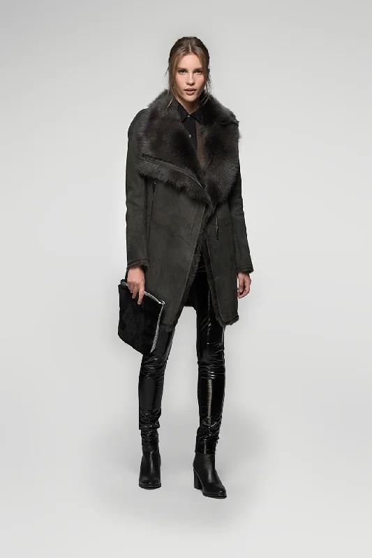 French Style Elena - Anthracite Suede Shearling Coat